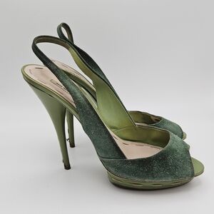 Miu Miu green suede and patent platform slingback peeptoe stilettos size 39